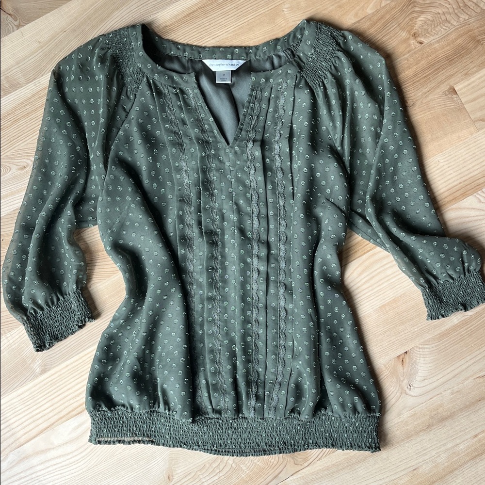 Christopher & Banks Olive Green Blouse with Patterned Texture